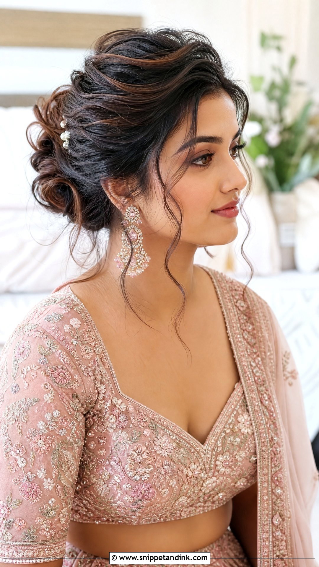 Messy Bun With Loose Face Framing Strands - Snippet and Ink - 20 Indian Wedding Bun Bridal Hairstyle Ideas