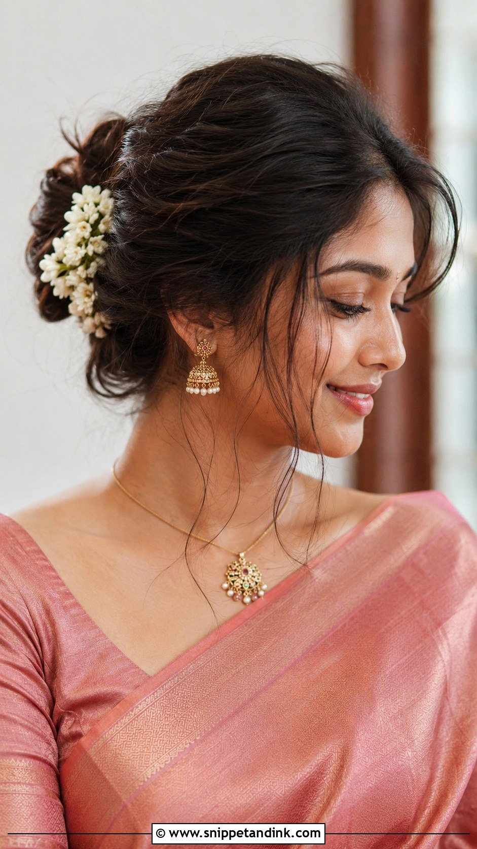 Messy Bun With Loose Strands - Snippet and Ink - 25 South Indian Bride Engagement Hairstyle Ideas
