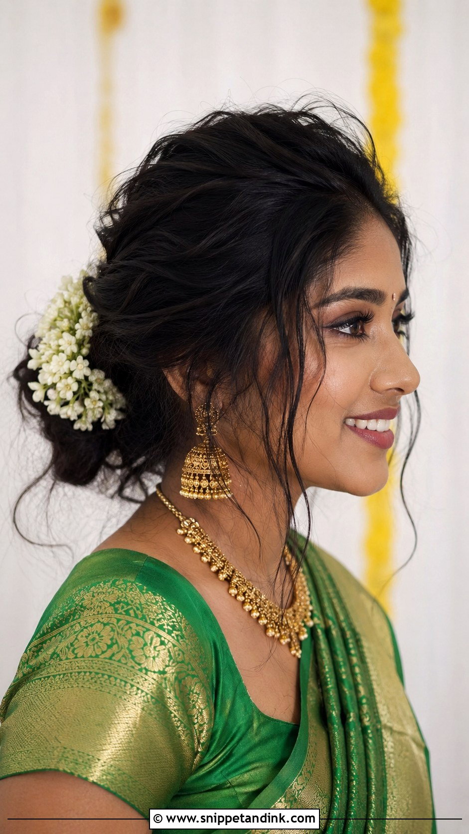 Messy Bun With Loose Strands - Snippet and Ink - 25 Tamil Bride Hairstyle Ideas