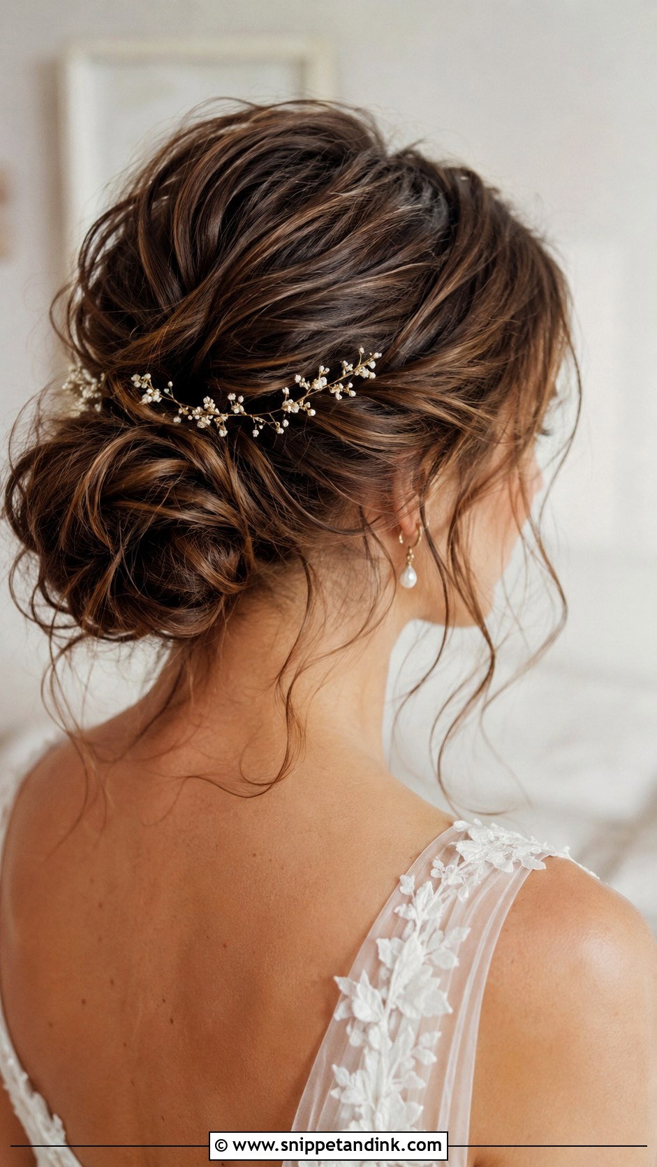 Messy Bun With Loose Strands - Snippet and Ink - 25 Wedding Hair Brunette Ideas