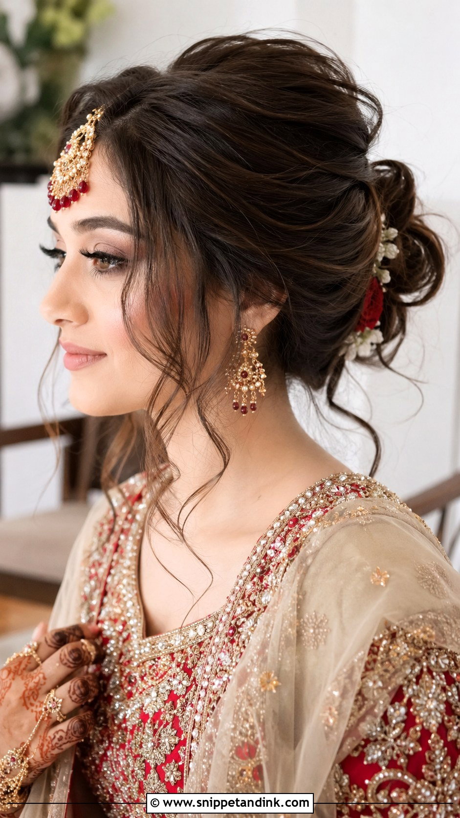 Messy Bun With Loose Strands - Snippet and Ink - 20 Pakistani Barat Bridal Hair Styles