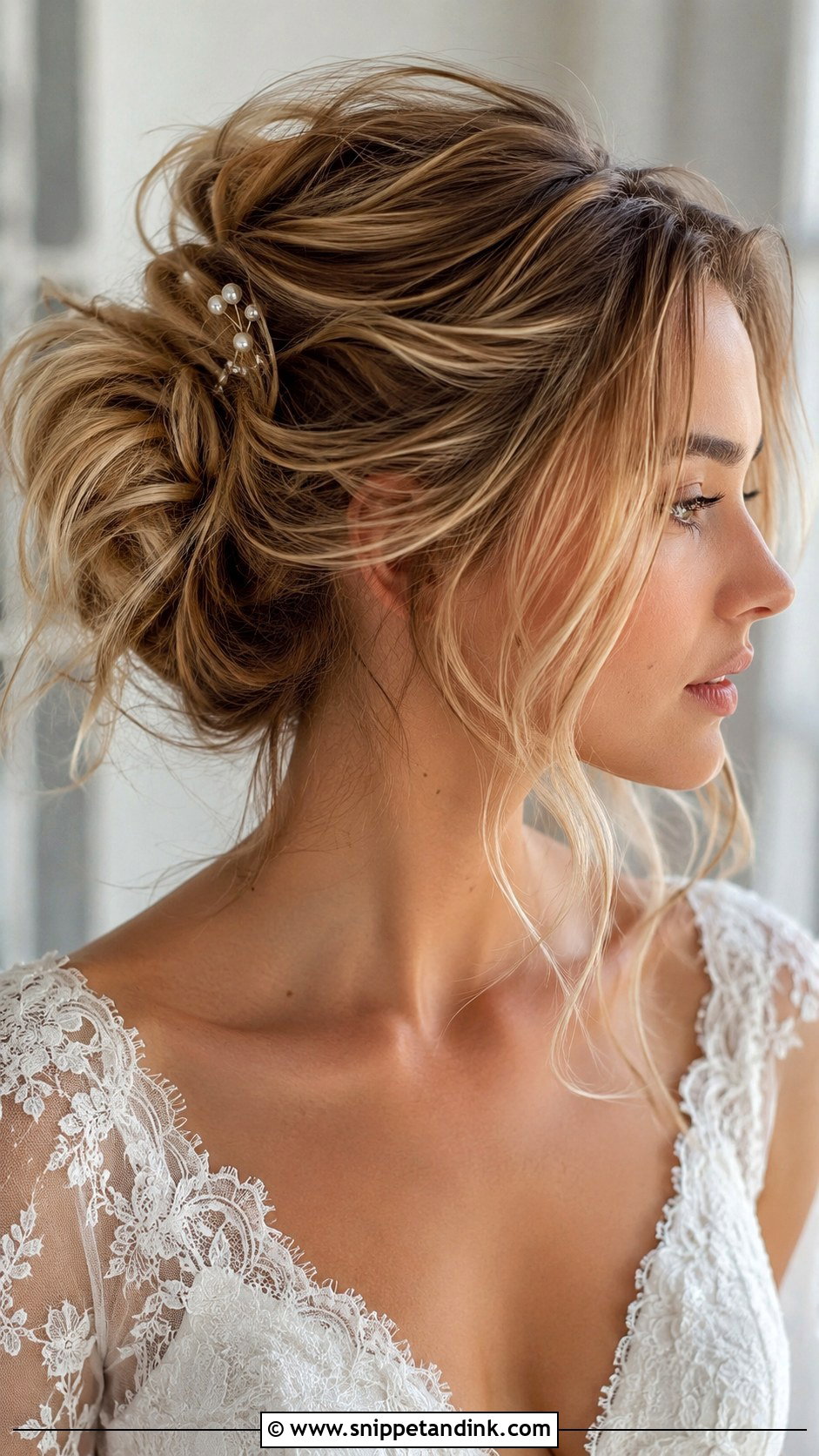 Messy Bun With Loose Strands - Snippet and Ink - 35 Bridal Bun Ideas