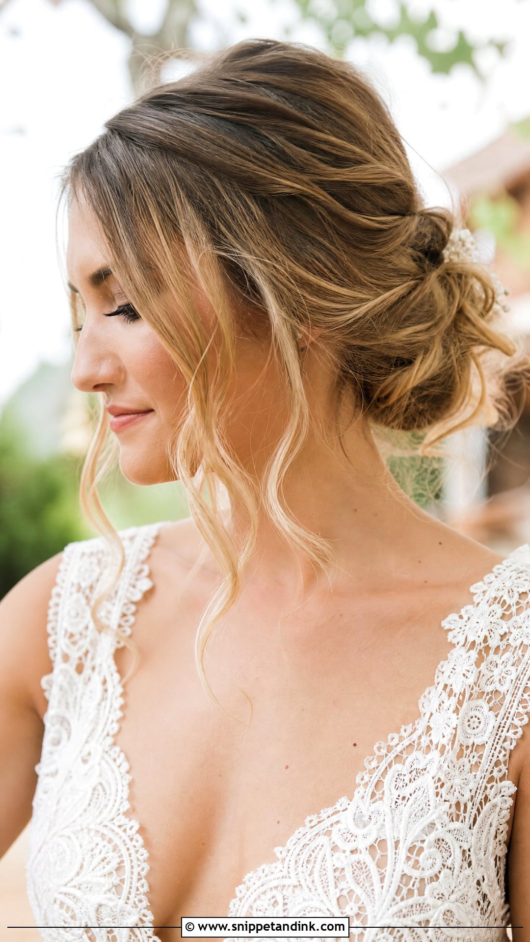 Messy Bun With Loose Tendrils - Snippet and Ink - 20 Wedding Hairstyles for Mid Length Hair
