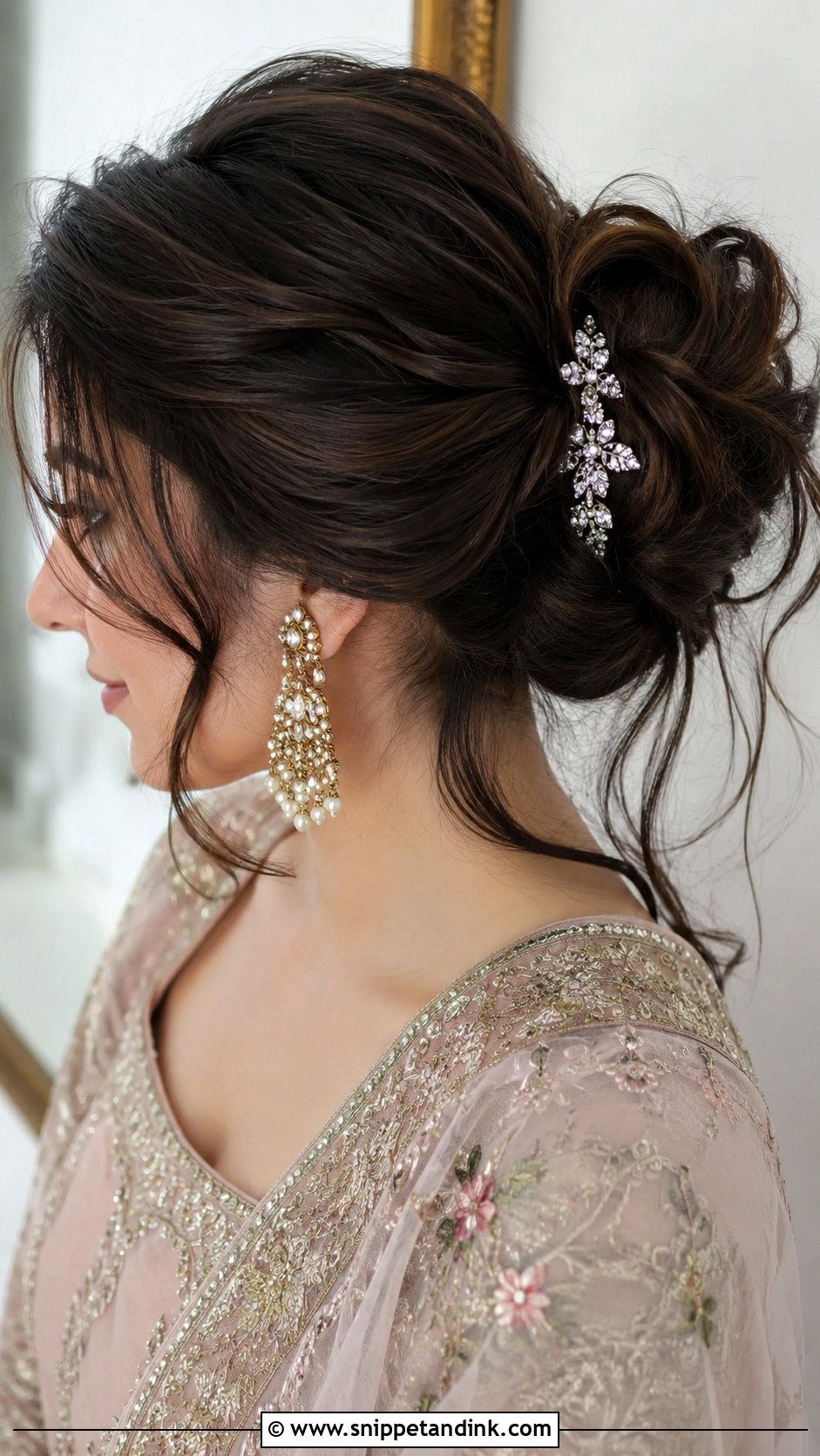 Messy Bun With Loose Tendrils - Snippet and Ink - 25 Muslim Bridal Hairstyles