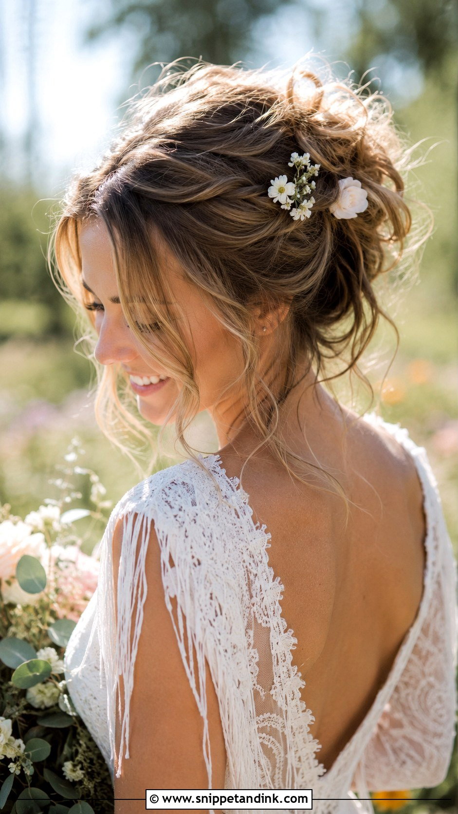 Messy Bun With Loose Tendrils - Snippet and Ink - 25 Shoulder Length Wedding Hair Ideas