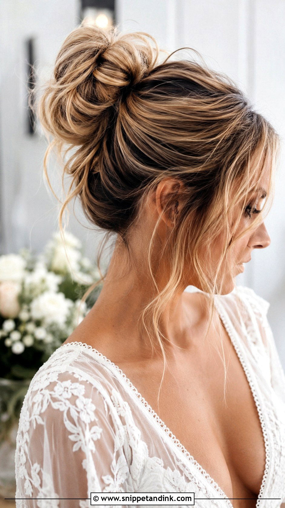 Messy Bun With Loose Tendrils - Snippet and Ink - 35 Short Hair Wedding Styles
