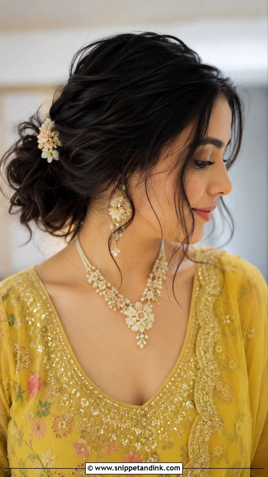 Messy Bun With Loose Tendrils - Snippet and Ink - 20 Indian Wedding Hair Styles