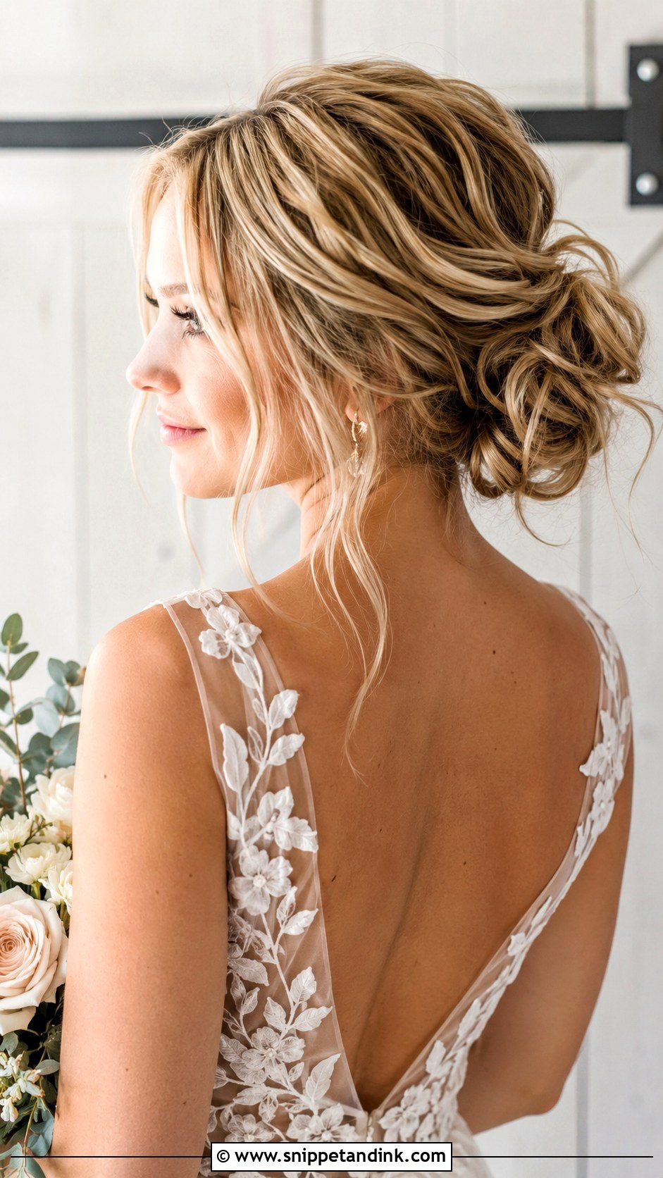 Messy Bun With Loose Tendrils - Snippet and Ink - 20 Round Face Bridal Hair Ideas