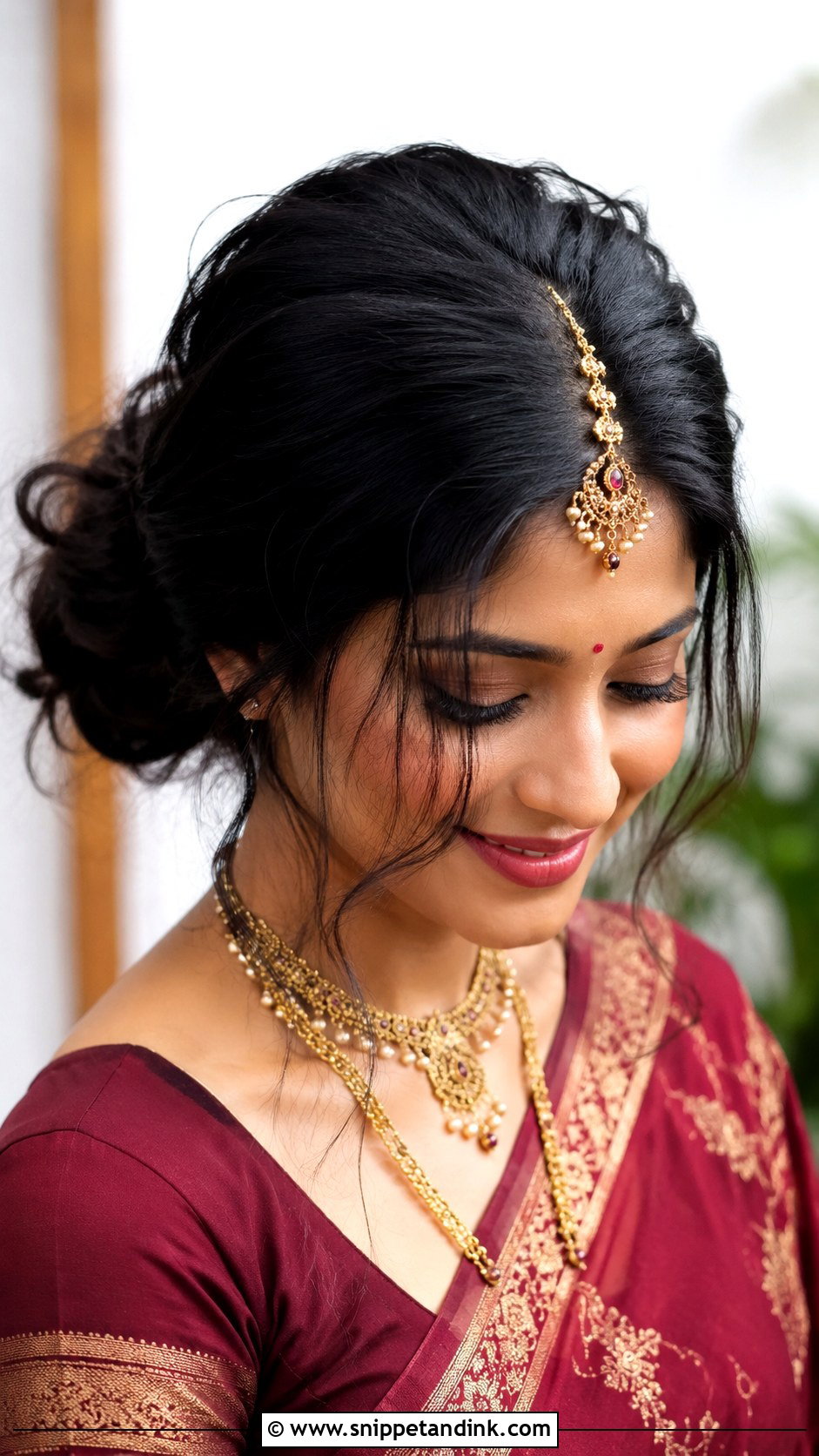 Messy Bun With Maang Tikka - Snippet and Ink - 25 Indian Messy Bun Hairstyles for Wedding