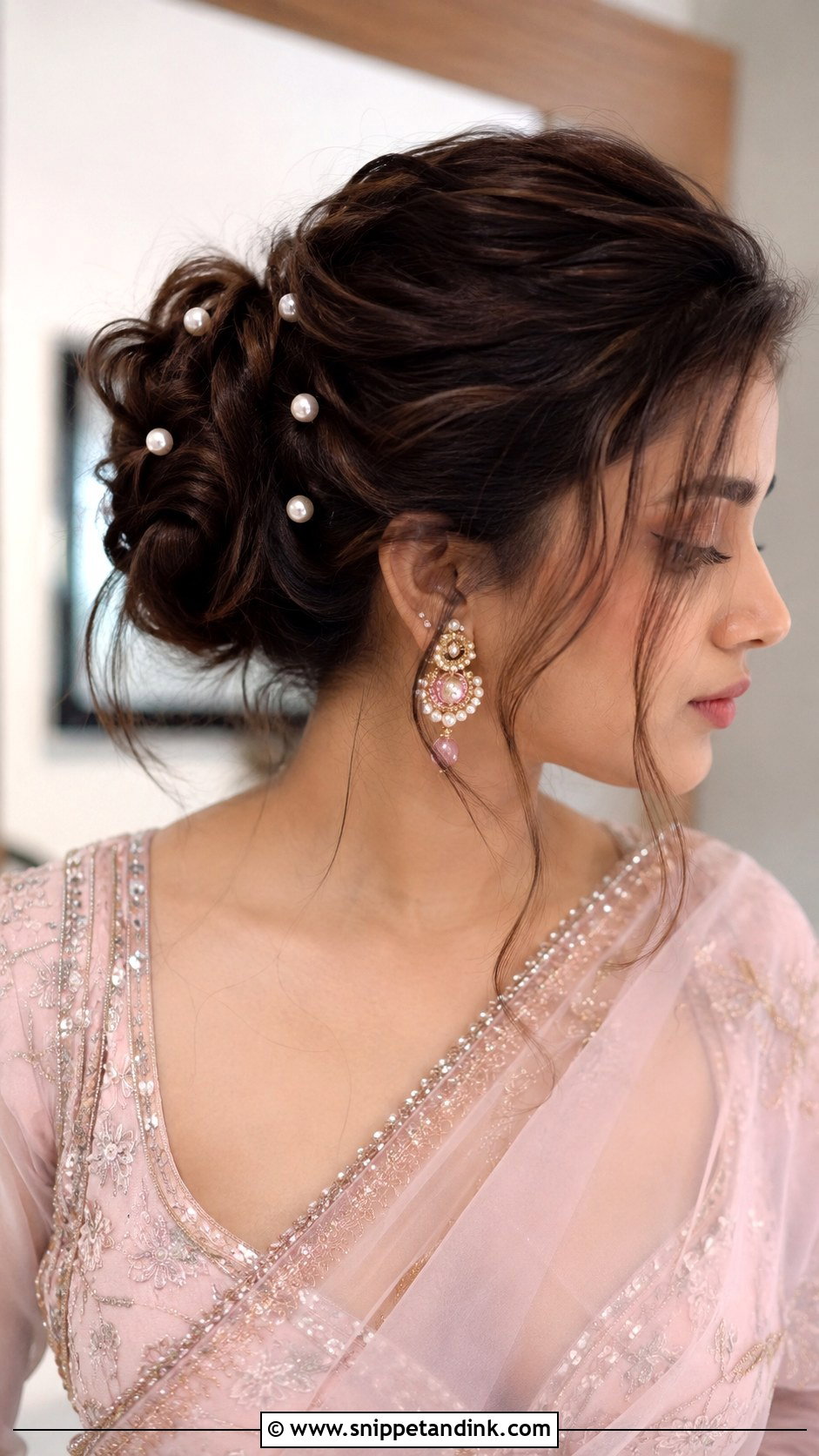 Messy Bun With Pearl Pins - Snippet and Ink - 20 Messy Hairstyles for Indian Wedding