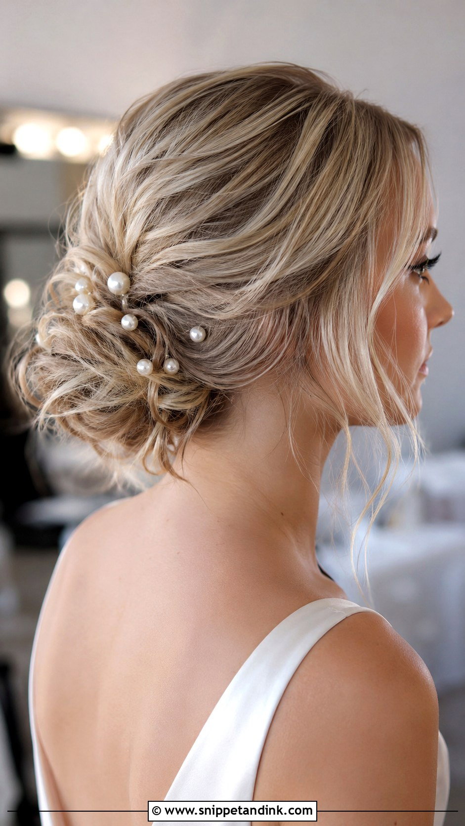 Messy Bun With Pearl Pins For Short Hair Wedding - Snippet and Ink - 15 Messy Bun for Short Hair Wedding Ideas