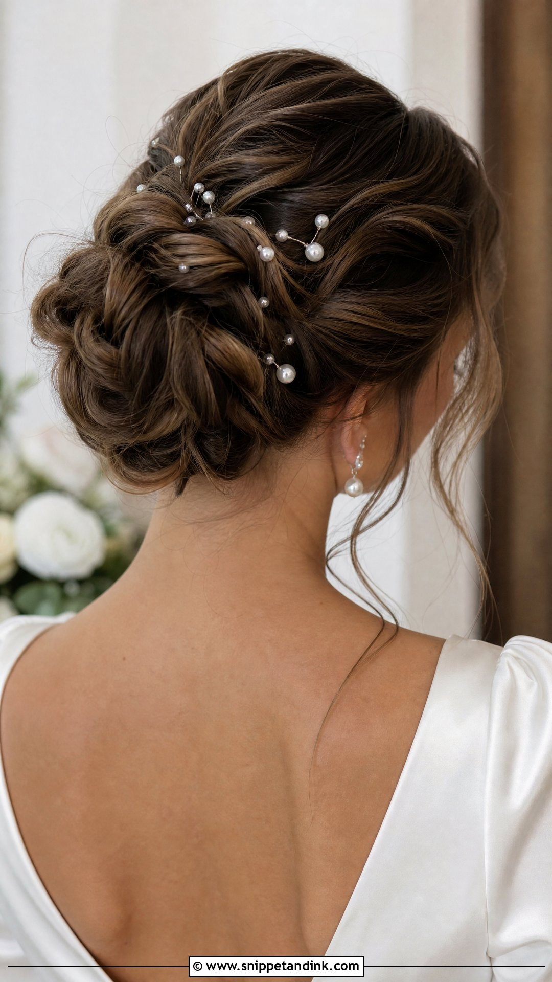 Messy Bun With Pearls for Wedding - Snippet and Ink - 20 Messy Hair Bun for Wedding Ideas