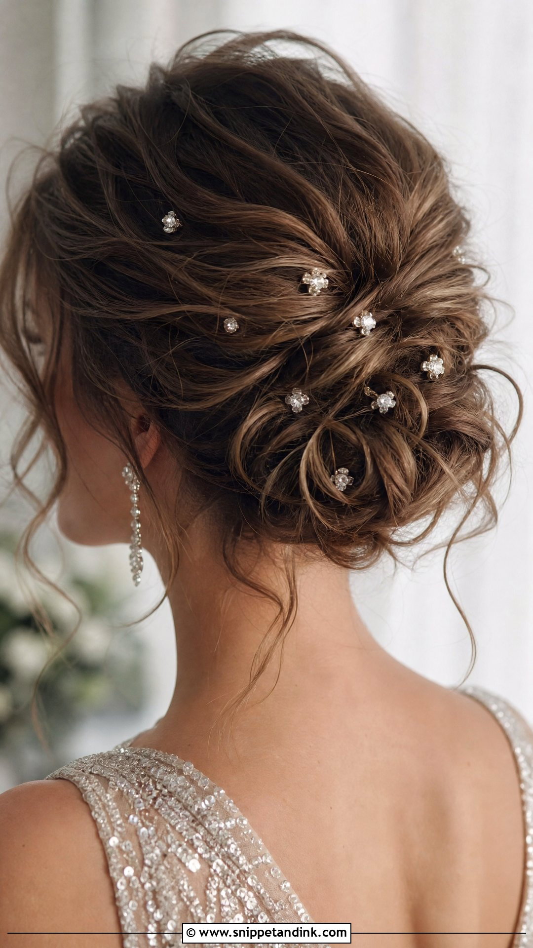 Messy Bun With Rhinestones for Wedding - Snippet and Ink - 20 Messy Hair Bun for Wedding Ideas