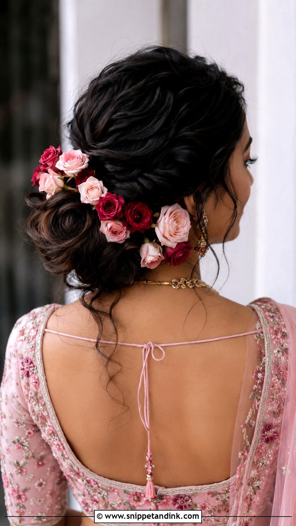 Messy Bun With Roses - Snippet and Ink - 25 Indian Messy Bun Hairstyles for Wedding