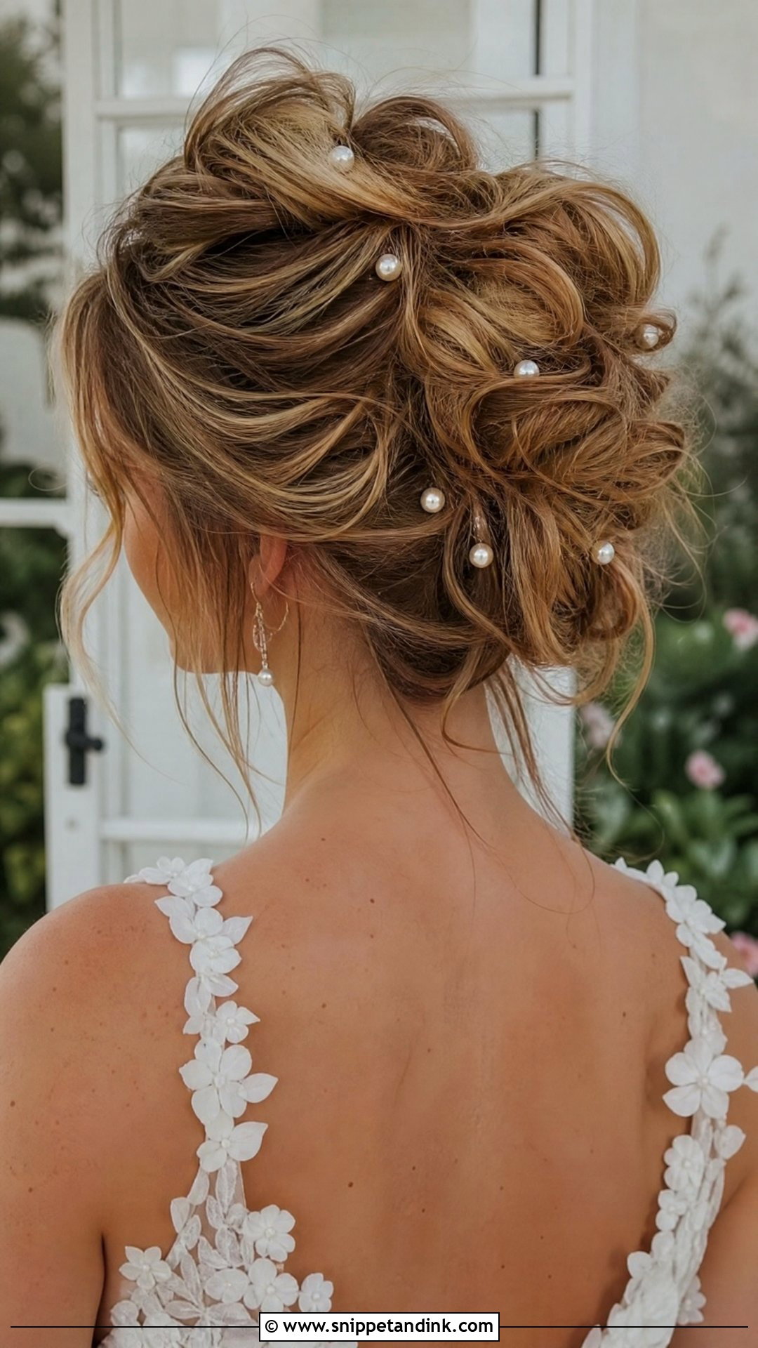Messy Bun With Scattered Pearls - Snippet and Ink - 20 Wedding Hair with Pearls Ideas