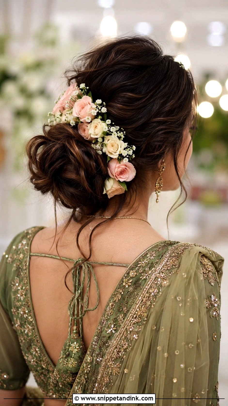 Messy Bun With Side Flowers - Snippet and Ink - 30 Indian Bridal Bun Hairstyles