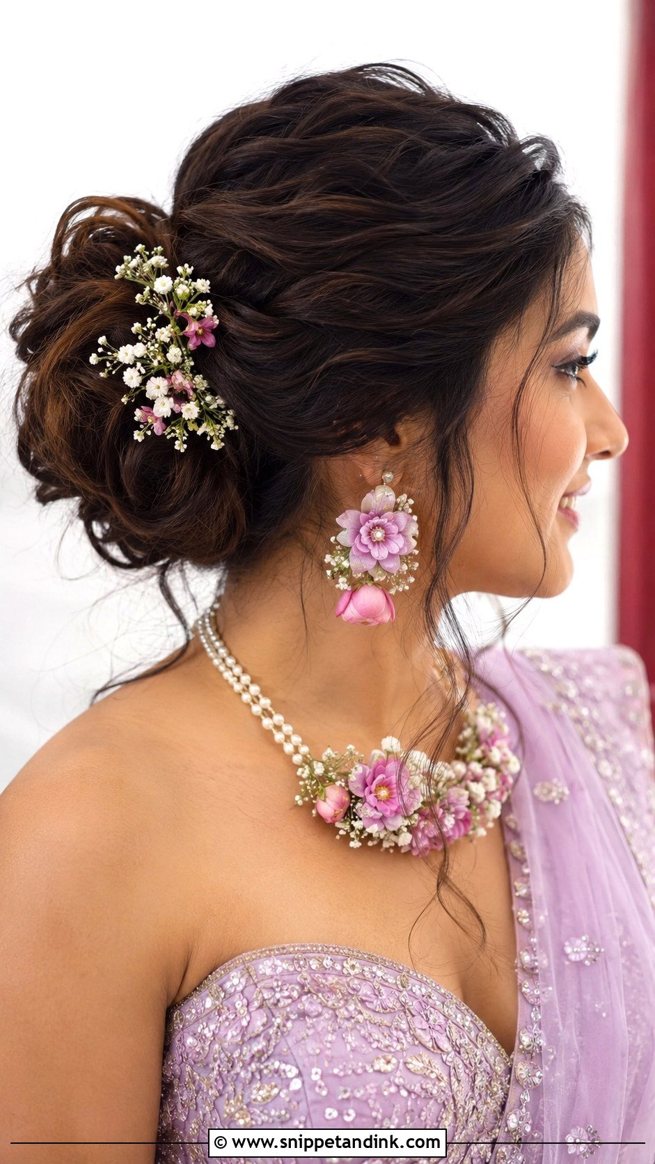 Messy Bun With Side Flowers - Snippet and Ink - 25 Indian Front Look Bridal Bun Hairstyles