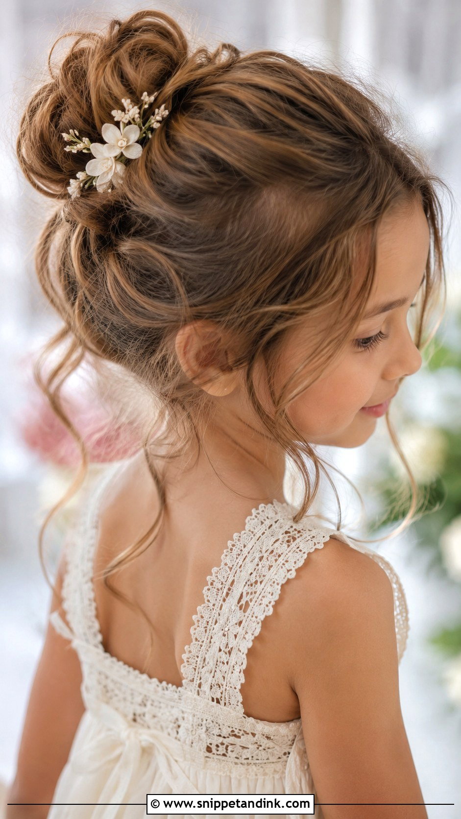 Messy Bun With Tendrils - Snippet and Ink - 25 Childrens Wedding Hair Ideas
