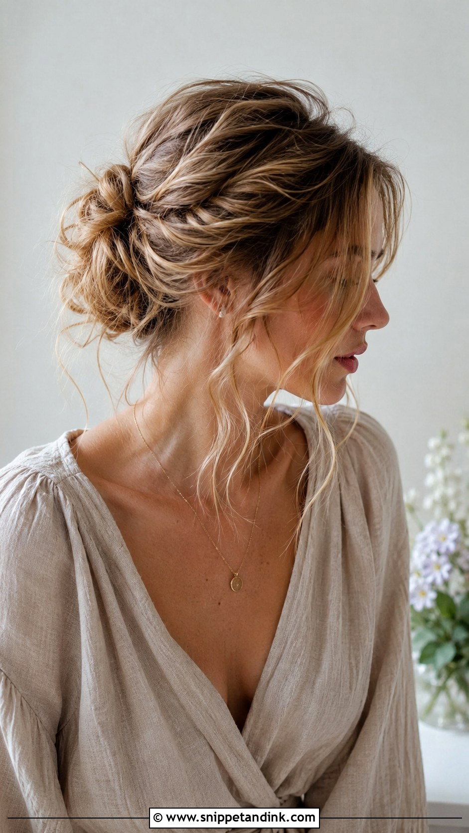 Messy Bun With Tendrils - Snippet and Ink - 25 Hairstyle for Wedding Function Ideas
