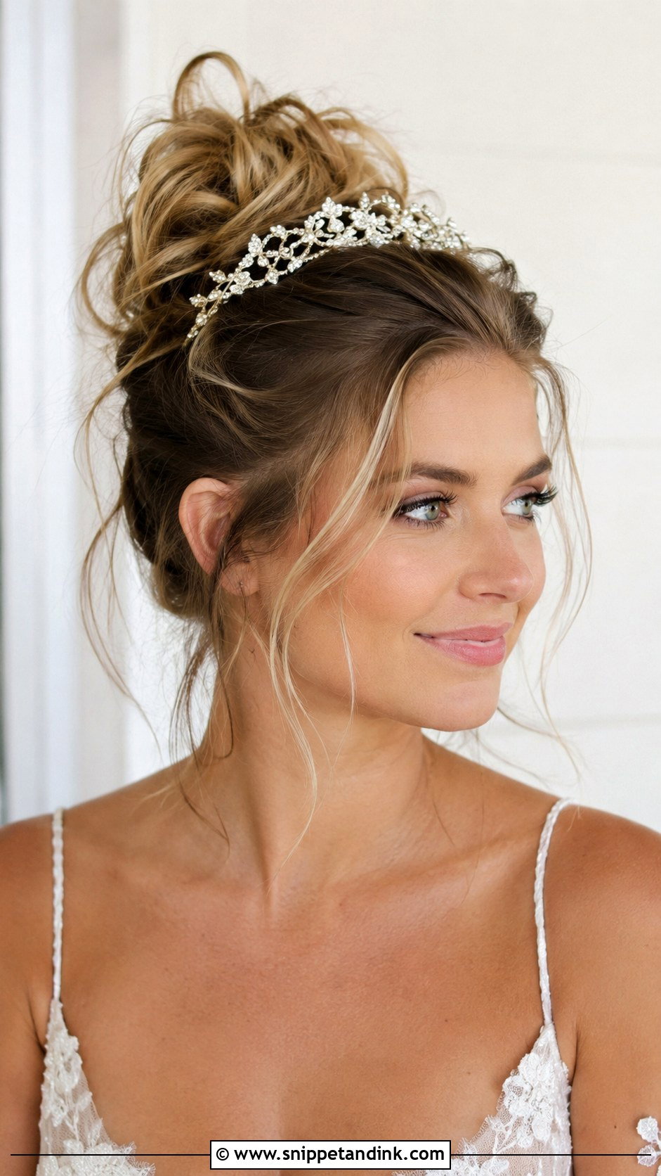 Messy Bun With Tiara - Snippet and Ink - 20 Bridal Hair Tiara Ideas