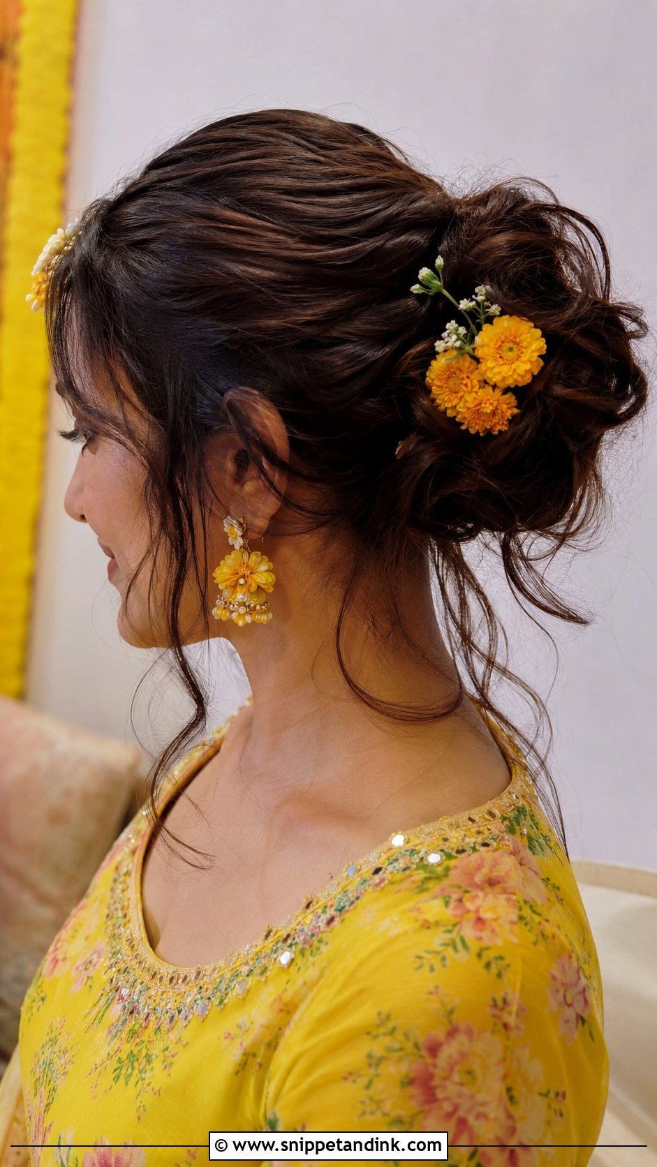 Messy Bun for Haldi Function - Snippet and Ink - 25 Kerala Hindu Bridal Hairstyles