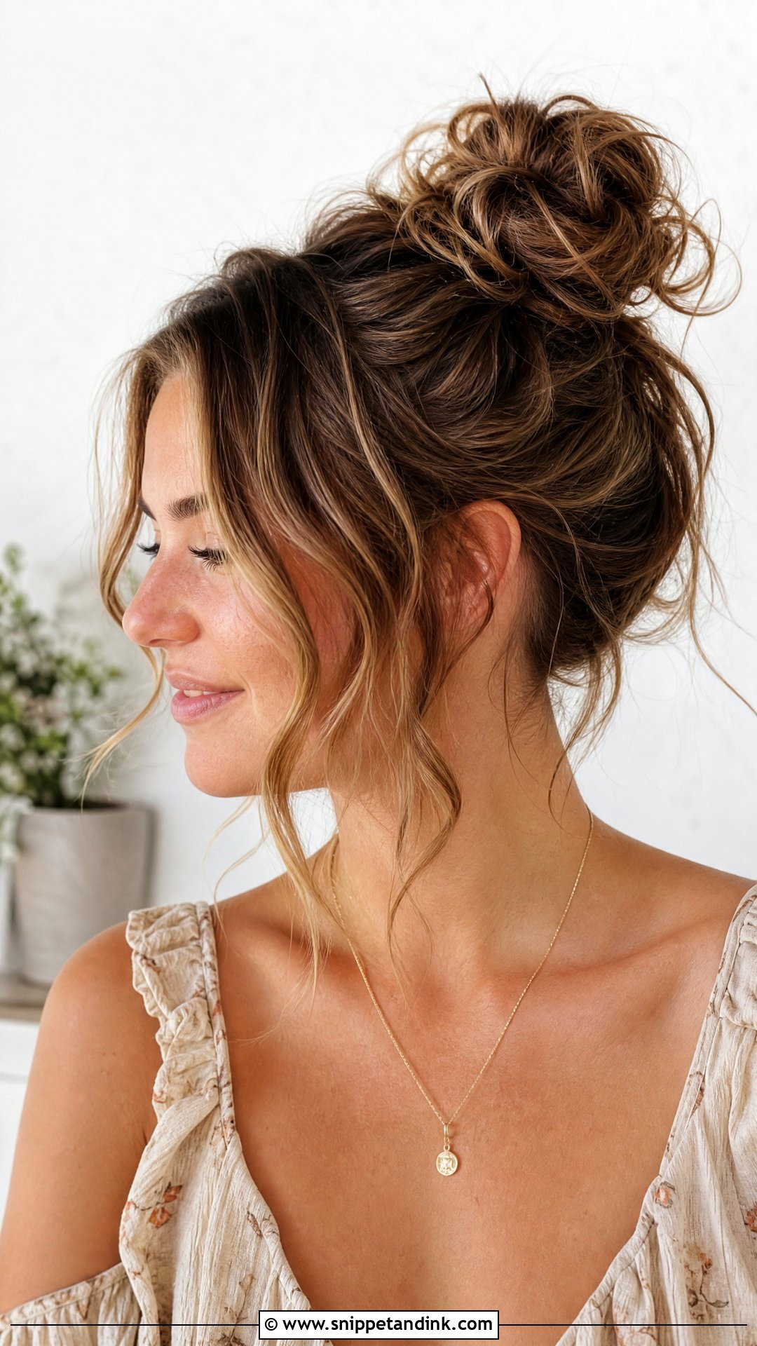 Messy Bun with Face Framing Tendrils - Snippet and Ink - 20 Wedding Guest Hair Long Ideas