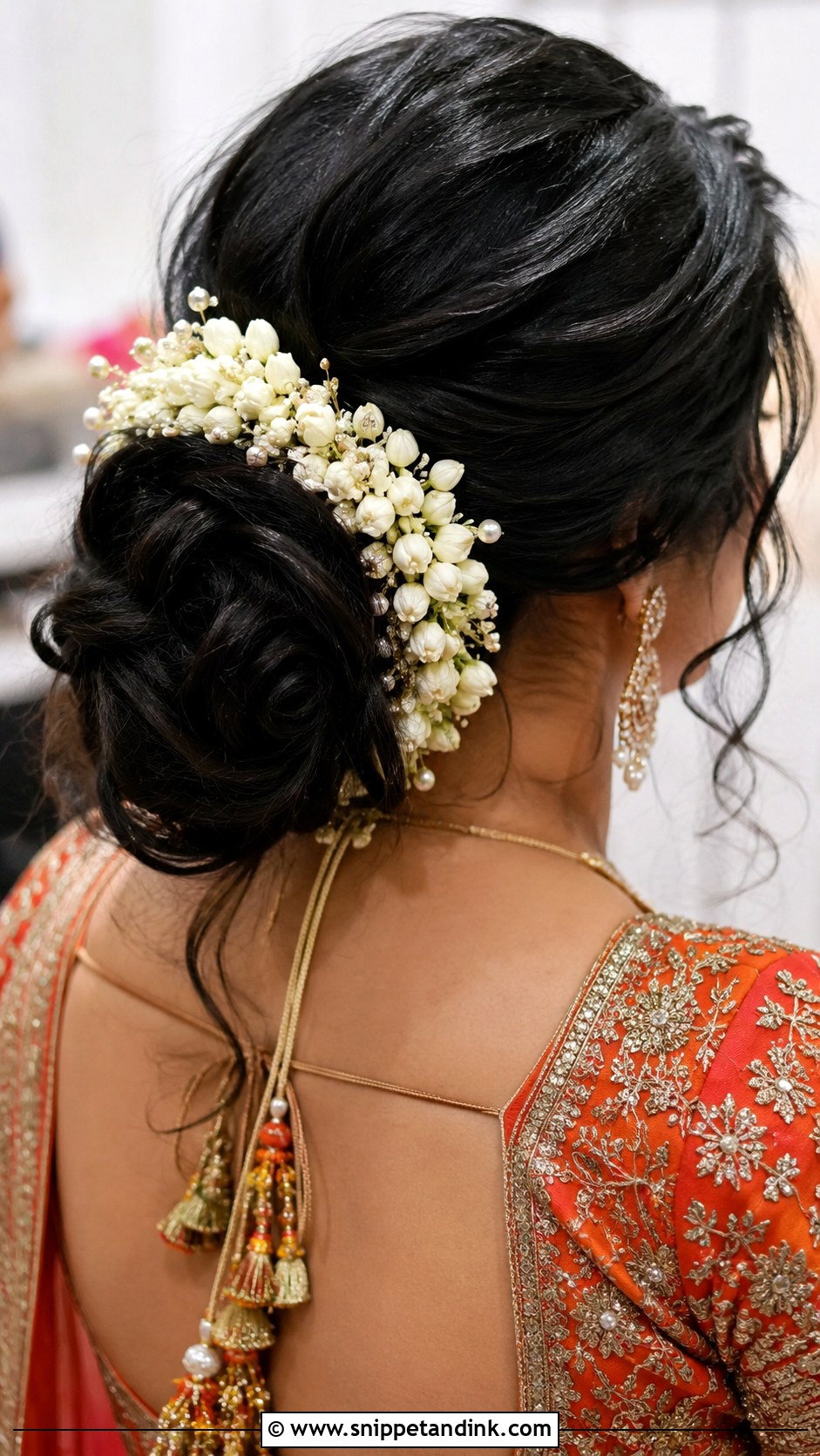 Messy Bun with Gajra and Pearls - Snippet and Ink - 30 Mehndi Hairstyles for Bride