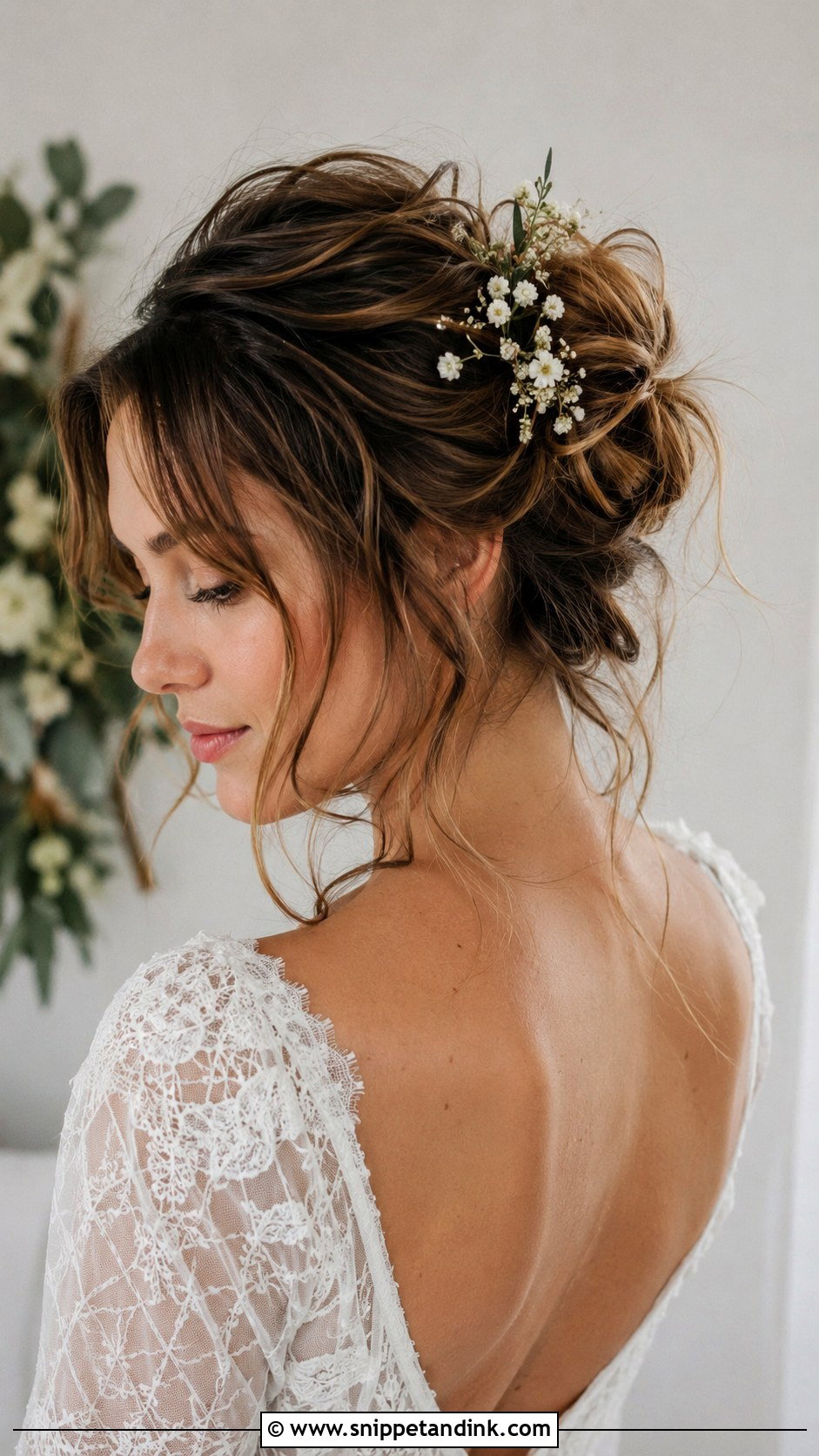 Messy Bun with Loose Tendrils - Snippet and Ink - 25 Wedding Hairstyles for Round Faces