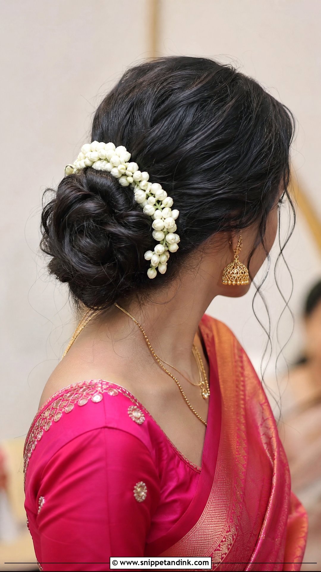 Messy Bun with Mogra Strands - Snippet and Ink - 20 Indian Flower Bridal Bun Hairstyles
