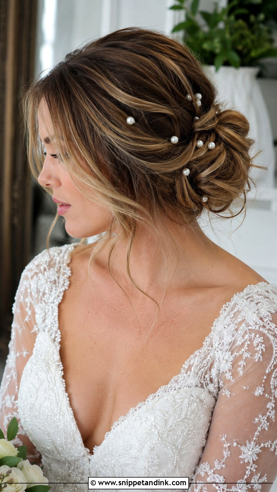 Messy Chignon With Pearl Pins - Snippet and Ink - 20 Messy Bun Wedding Hairstyles