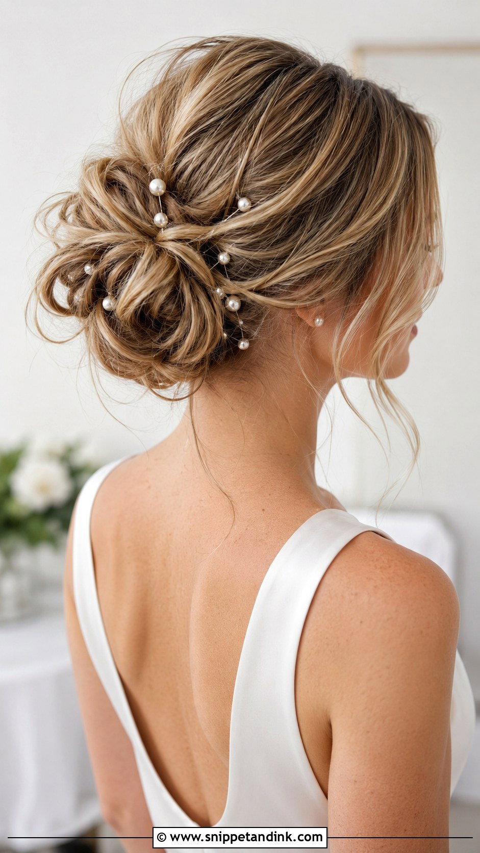 Messy Chignon With Pearl Pins - Snippet and Ink - 25 Messy Bride Hairstyles