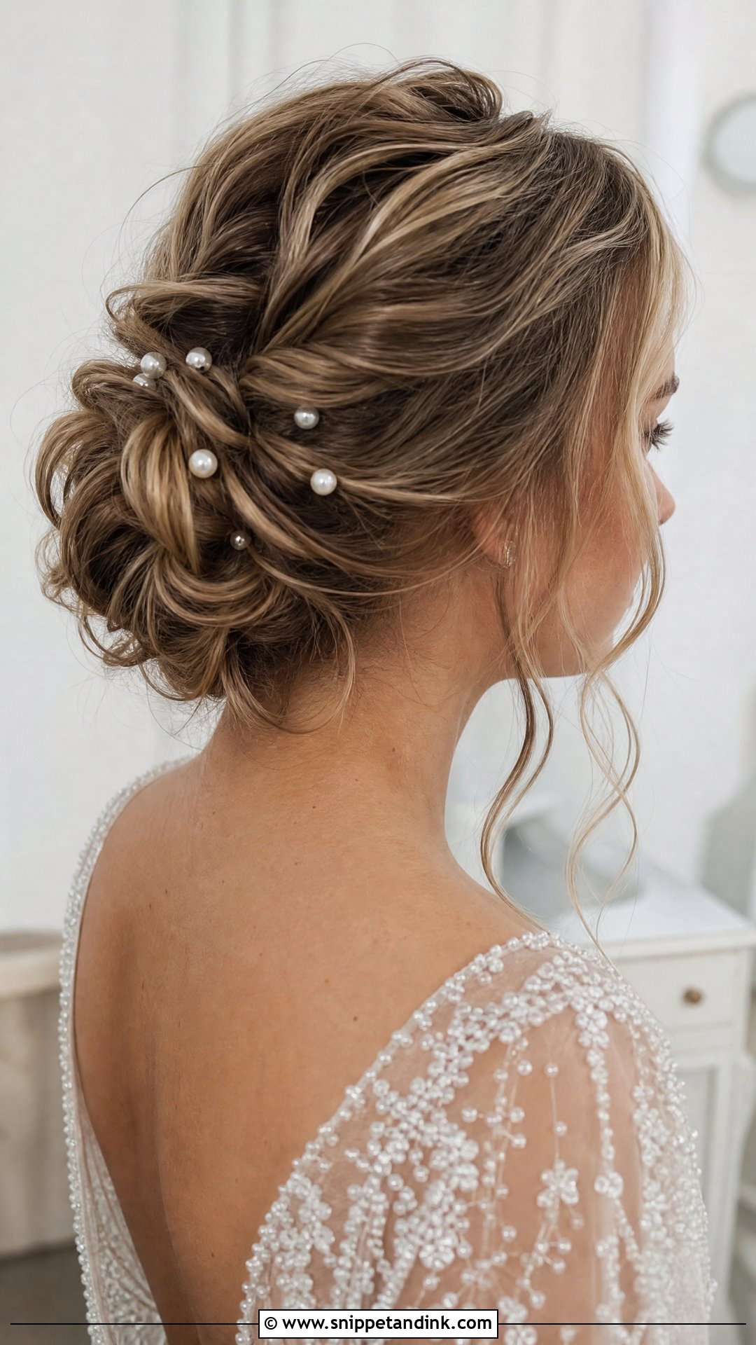 Messy Chignon With Pearl Pins - Snippet and Ink - 20 Bridal Updo with Headpiece Ideas