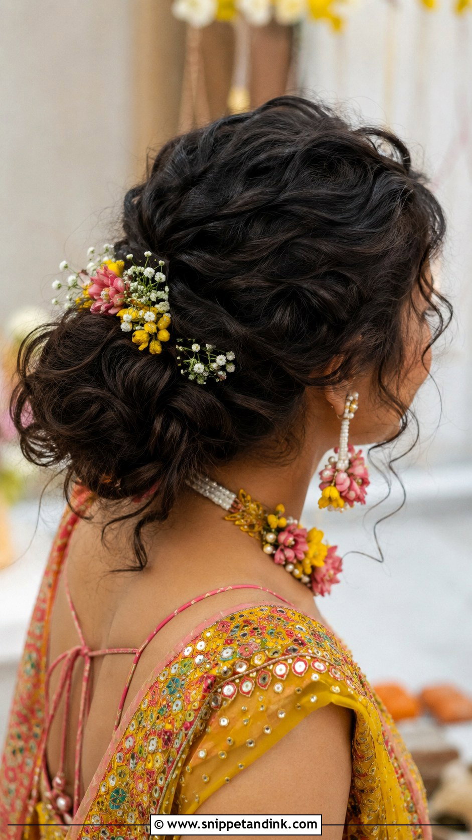 Messy Curly Bun Hairstyle For Indian Wedding - Snippet and Ink - 20 Curls Hairstyles Indian Wedding