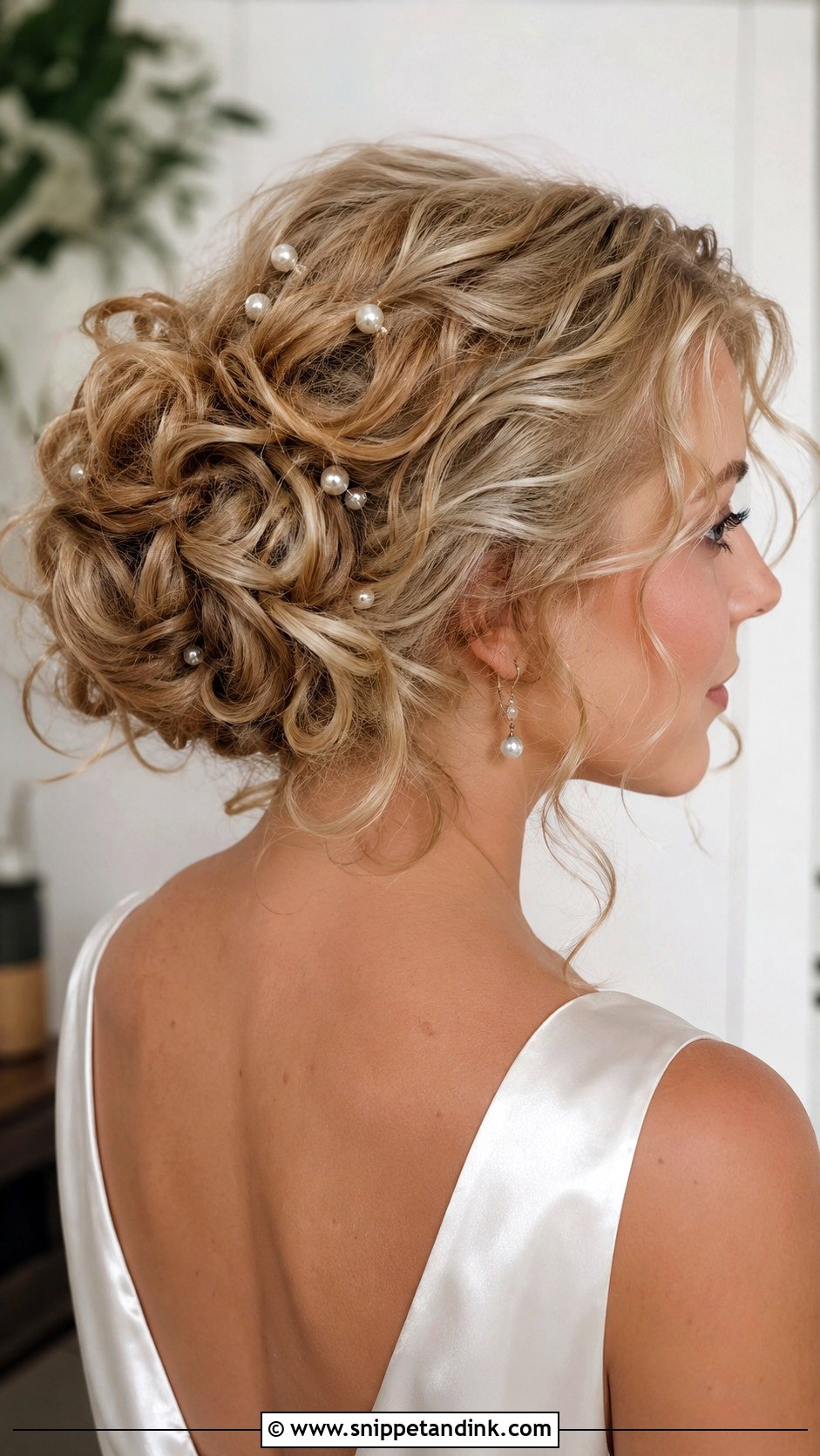 Messy Curly Updo With Pearl Pins - Snippet and Ink - 15 Messy Curly Updo Wedding Ideas