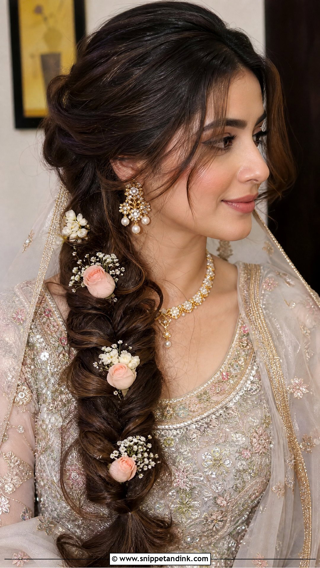 Messy Fishtail Braid With Flowers - Snippet and Ink - 20 Pakistani Bridal Hairstyles Nikah