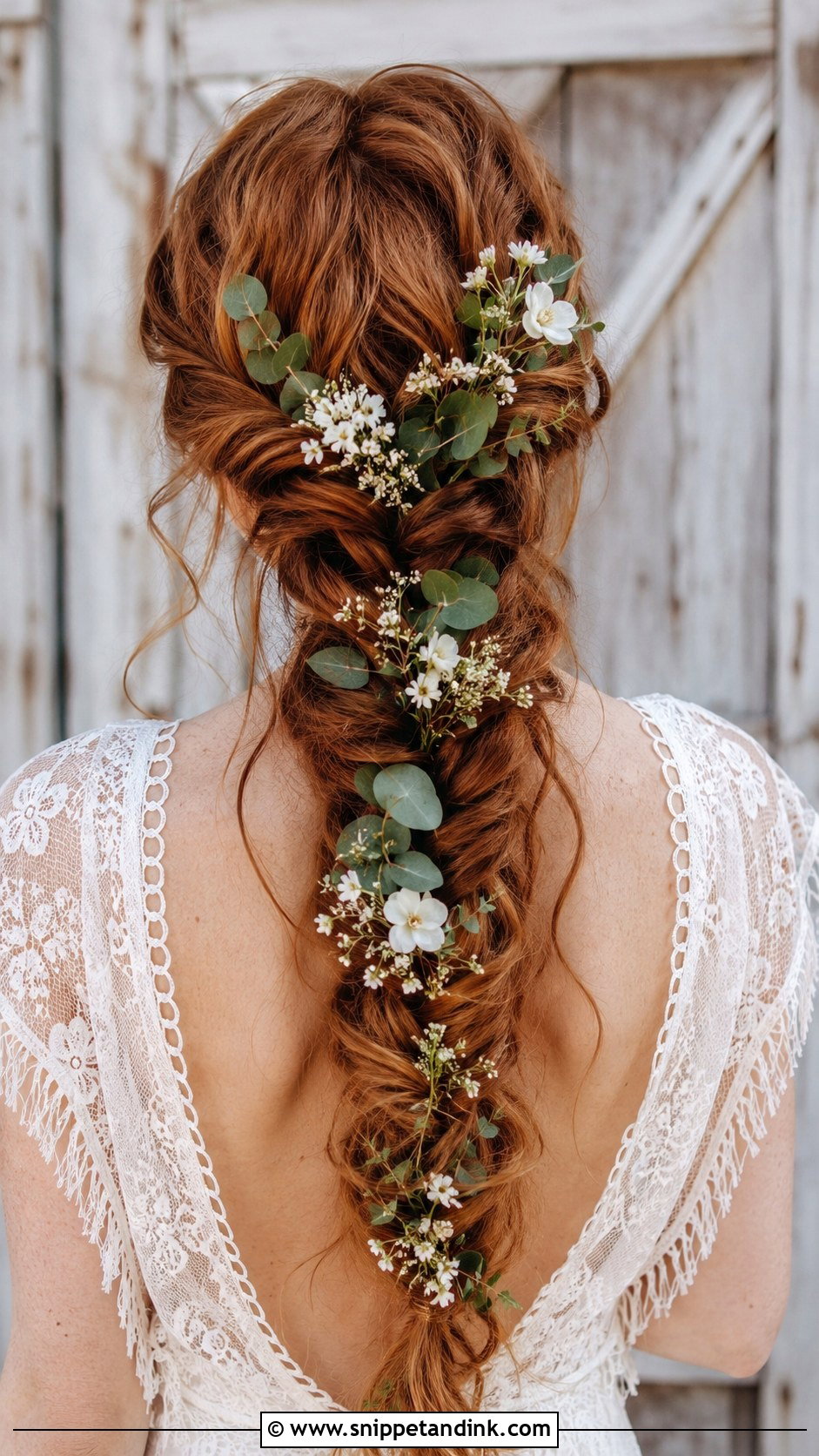 Messy Fishtail Braid With Greenery - Snippet and Ink - 20 Red Hair Wedding Ideas