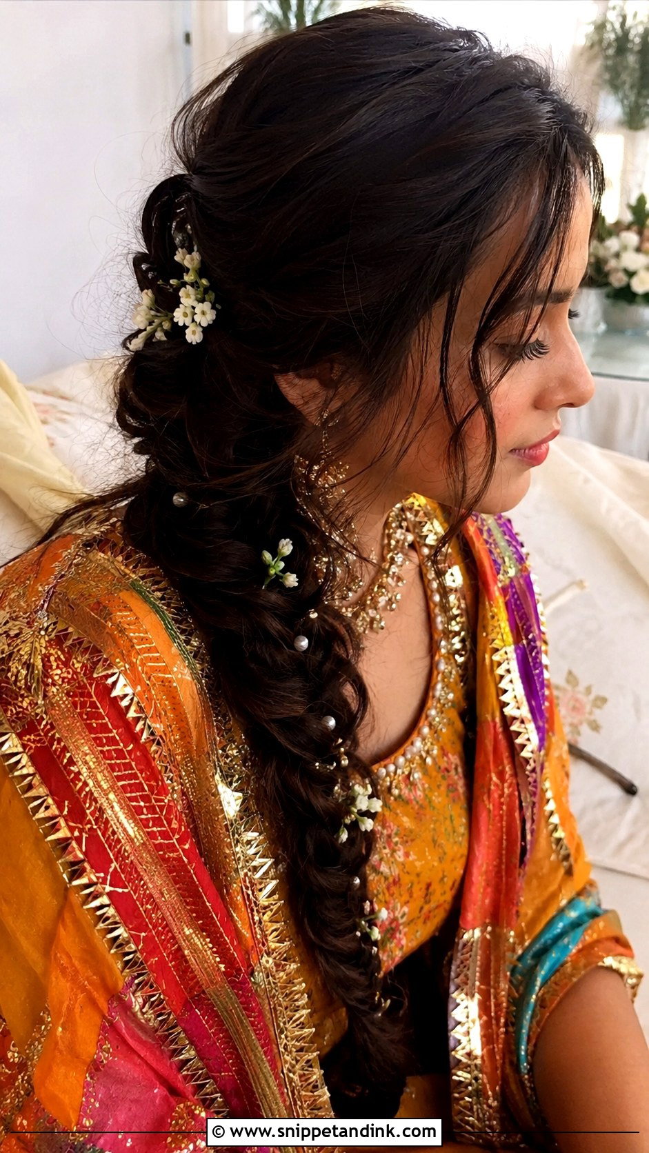 Messy Fishtail Braid for Mehndi - Snippet and Ink - 25 Muslim Bridal Hairstyles