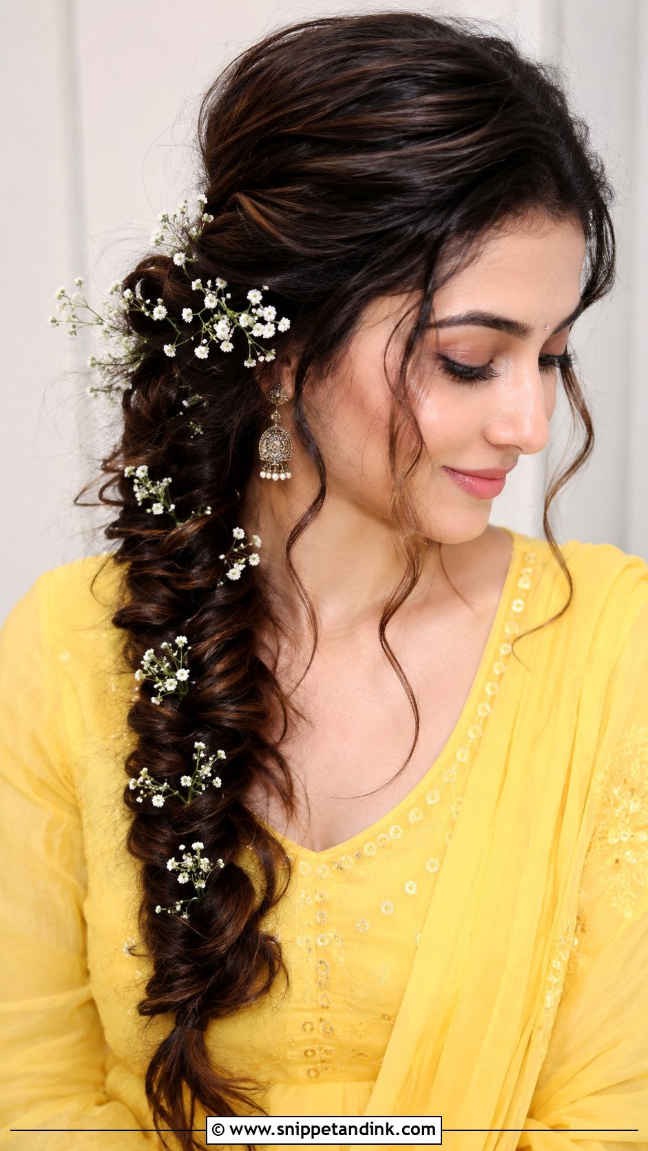 Messy Fishtail With Babys Breath - Snippet and Ink - 25 Hairstyles for Haldi Ceremony