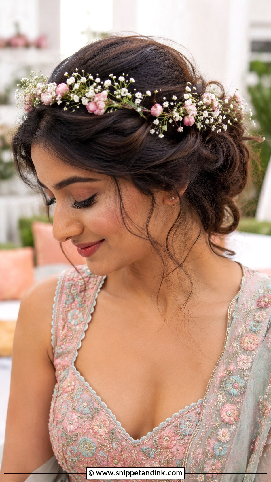 Messy Floral Crown Updo - Snippet and Ink - 20 Messy Hairstyles for Indian Wedding