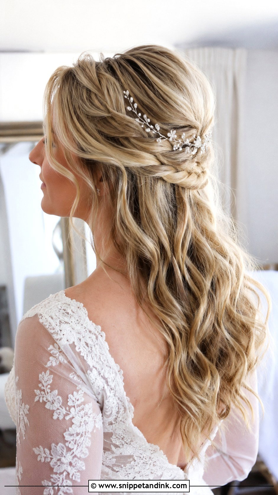 Messy Half Up Wedding Hair With A Hair Vine - Snippet and Ink - 15 Messy Half-Up Wedding Hair Ideas