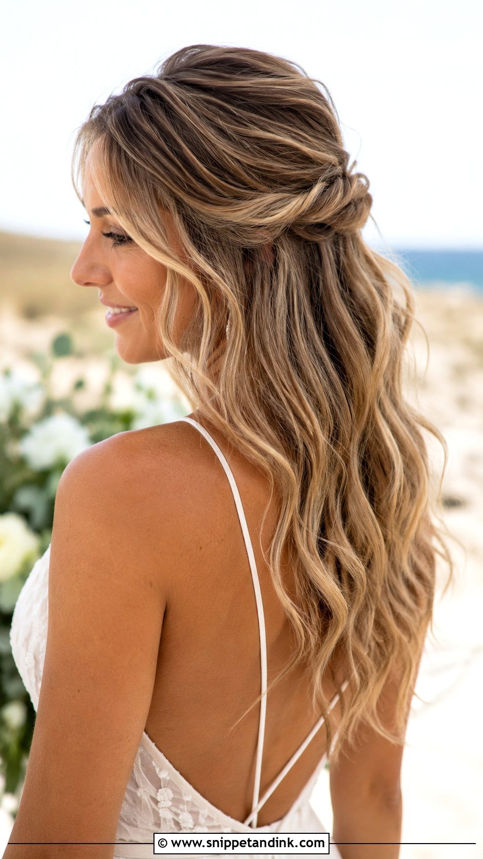 Messy Half Up Wedding Hair With Beach Waves - Snippet and Ink - 15 Messy Half-Up Wedding Hair Ideas