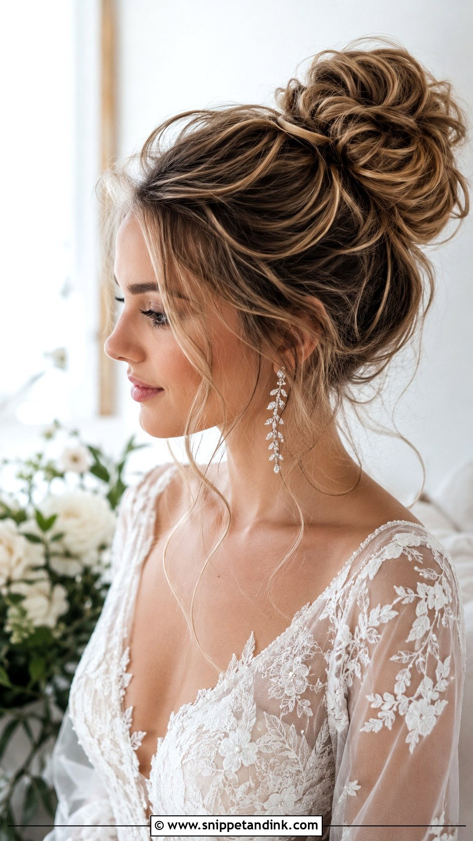 Messy High Bun Bridal Updo - Snippet and Ink - 20 Wedding Hairstyles 2025 Trends