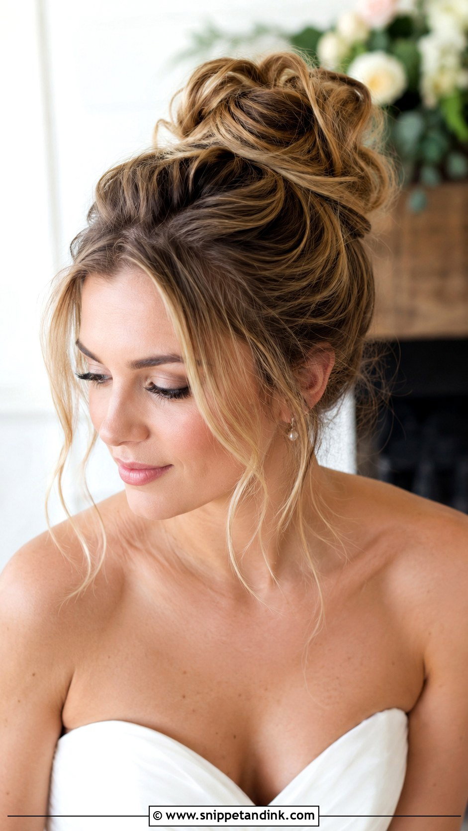 Messy High Bun Bridal Updo - Snippet and Ink - 30 Messy Updo Wedding Ideas