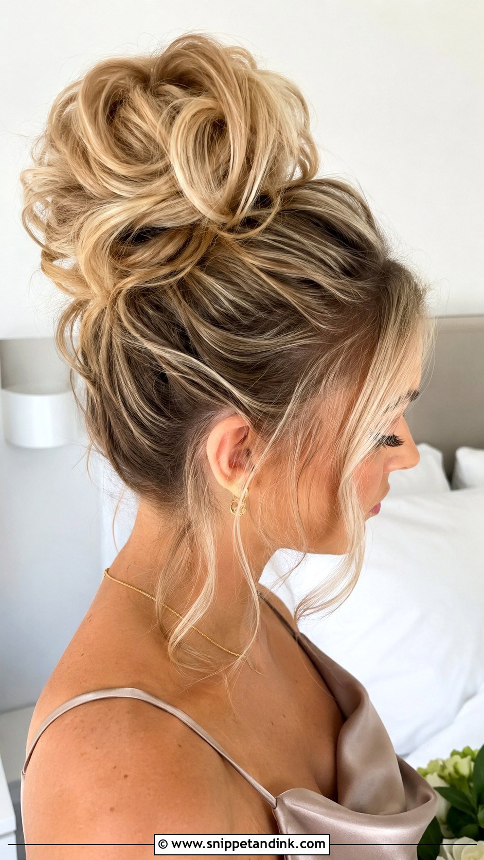 Messy High Bun Bridesmaid Hair - Snippet and Ink - 20 Messy Bun Bridesmaid Ideas