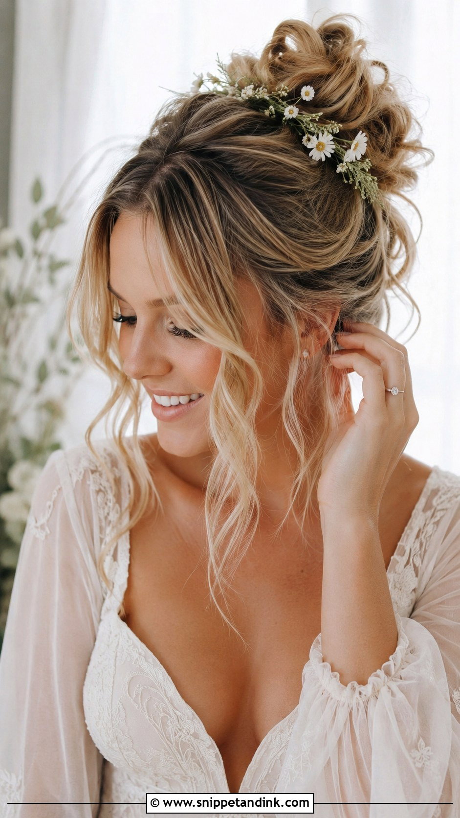 Messy High Bun Engagement Hairstyle - Snippet and Ink - 25 Hairstyle for Engagement Bride Ideas