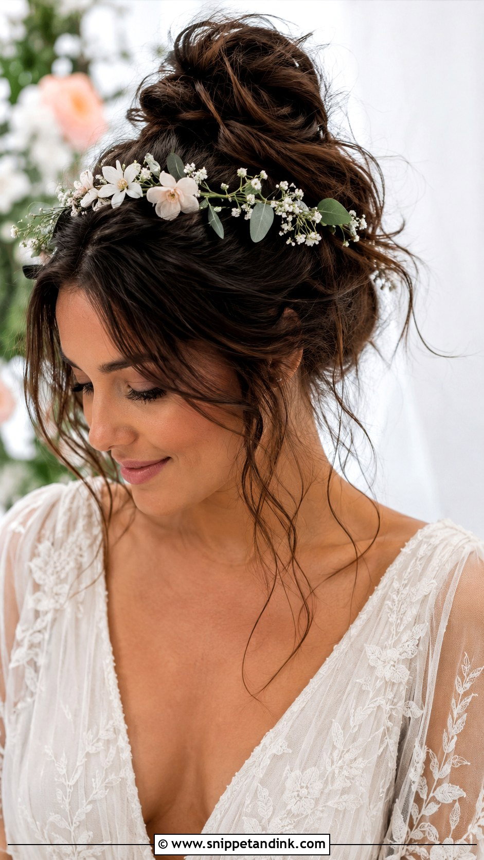 Messy High Bun Wedding Hair - Snippet and Ink - 20 Dark Brown Wedding Hair Ideas