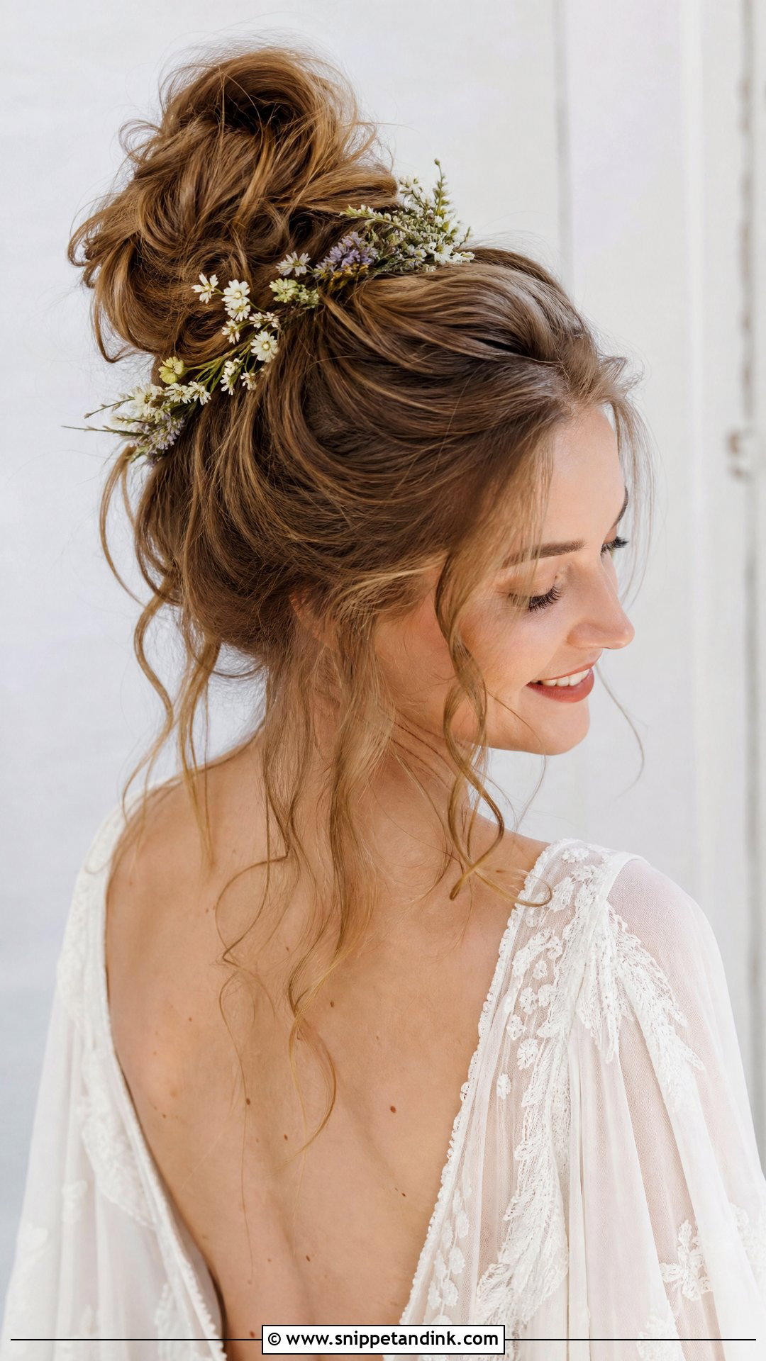 Messy High Bun Wedding Hairstyle - Snippet and Ink - 20 Mid Length Hair Wedding Styles