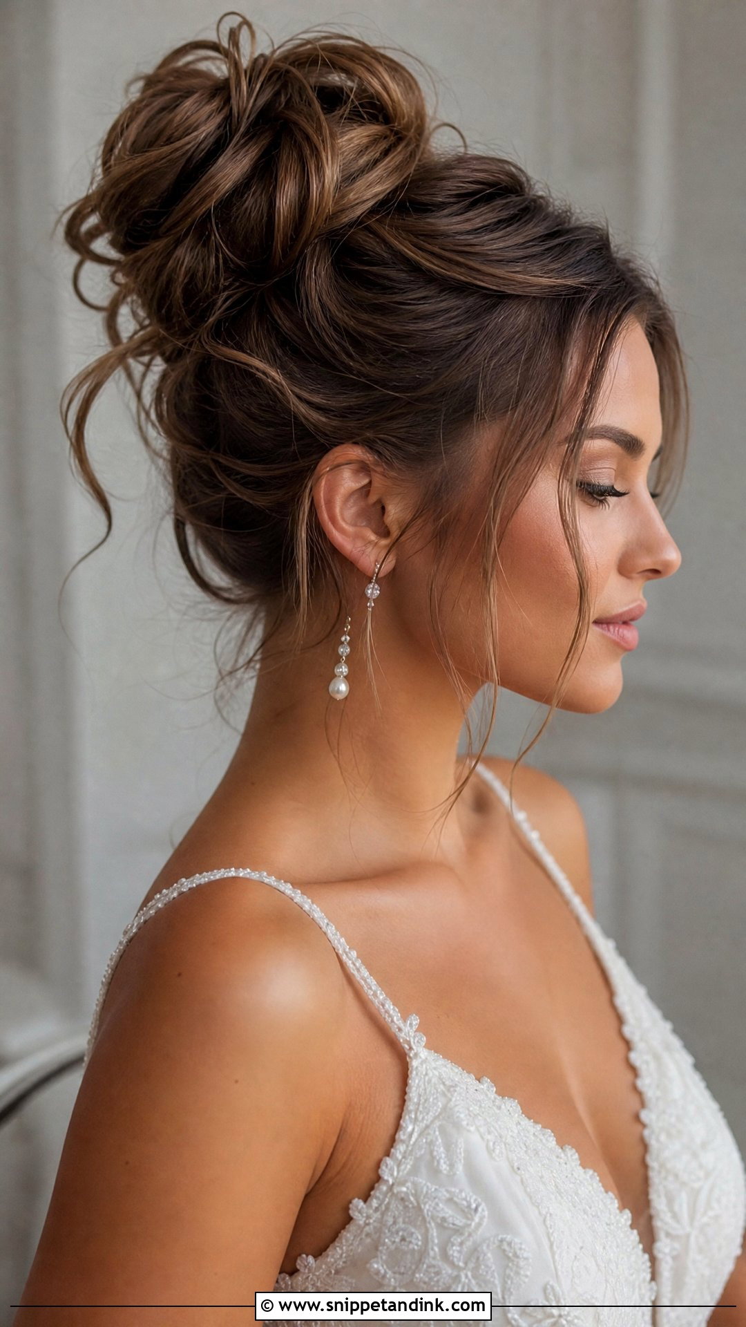Messy High Bun Wedding Hairstyle for Brown Hair - Snippet and Ink - 20 Wedding Hairstyles Brown Hair
