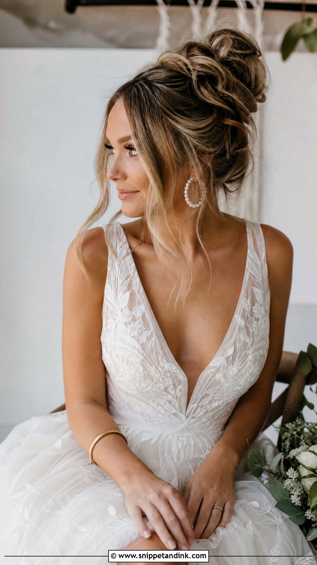 Messy High Bun With Face Framing Pieces - Snippet and Ink - 20 Unique Bridal Hairstyles