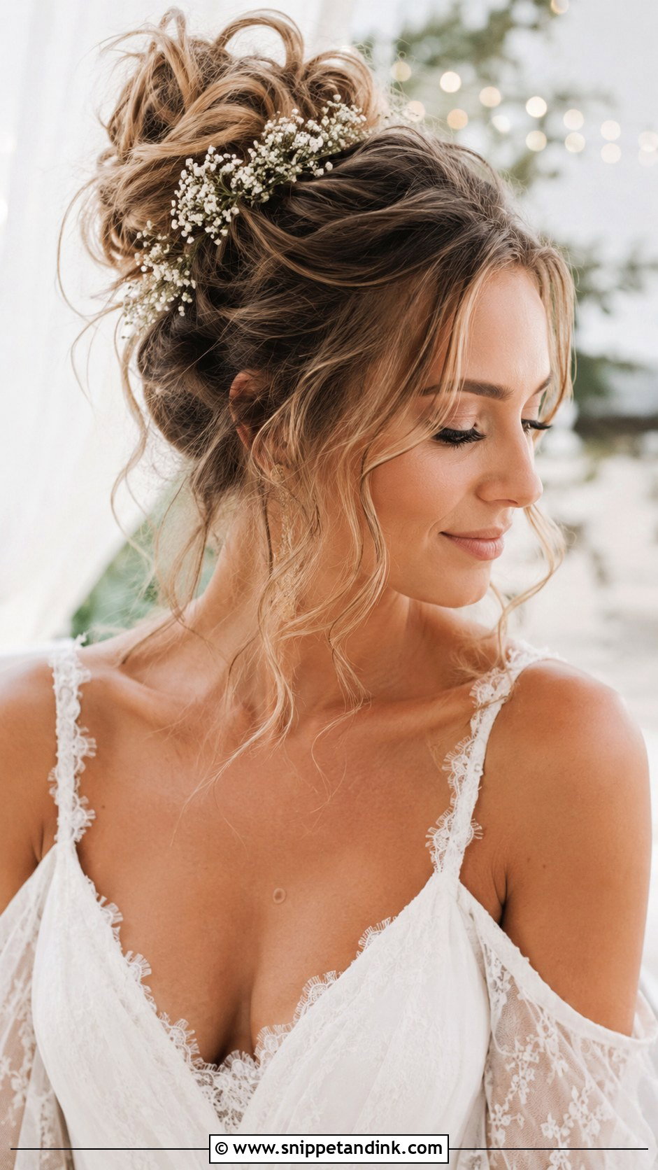 Messy High Bun With Face Framing Tendrils - Snippet and Ink - 30 Simple Wedding Hair Ideas